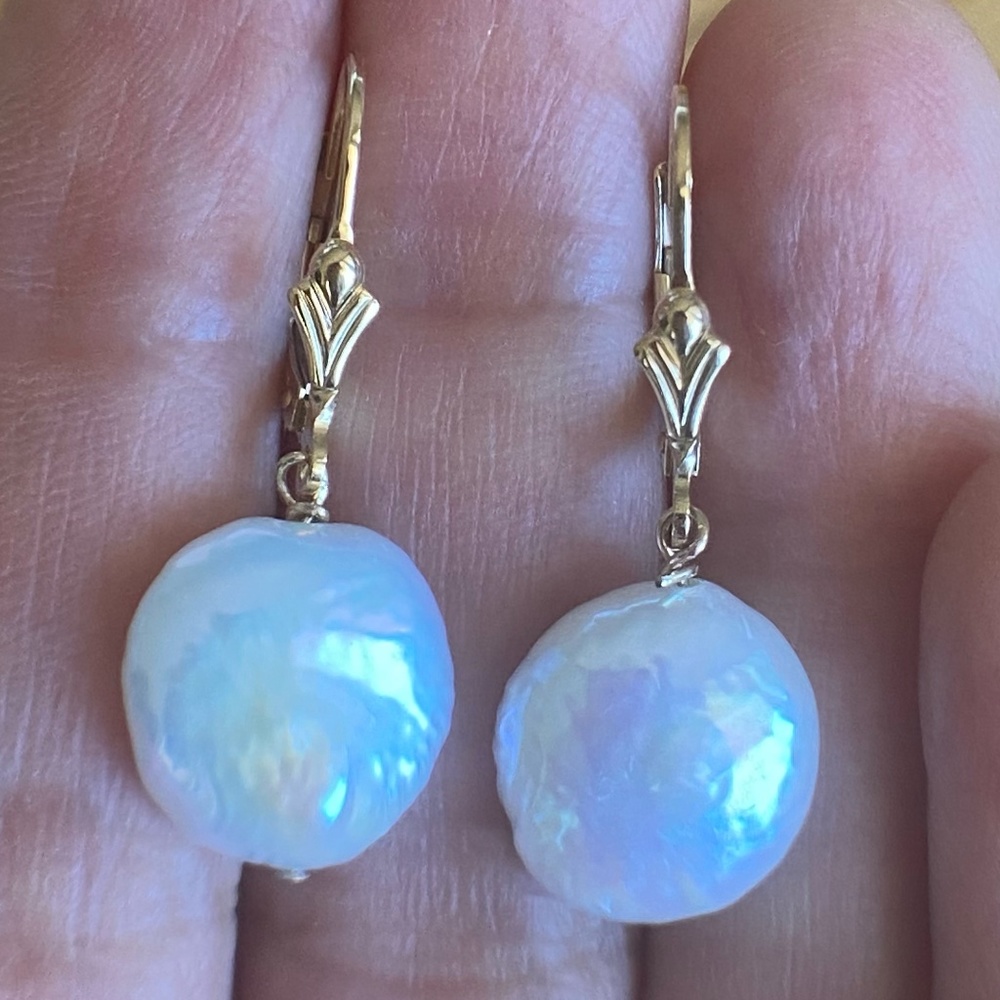 12mm White Coin Pearl Earrings 14K Yellow Gold Filled Leverbacks